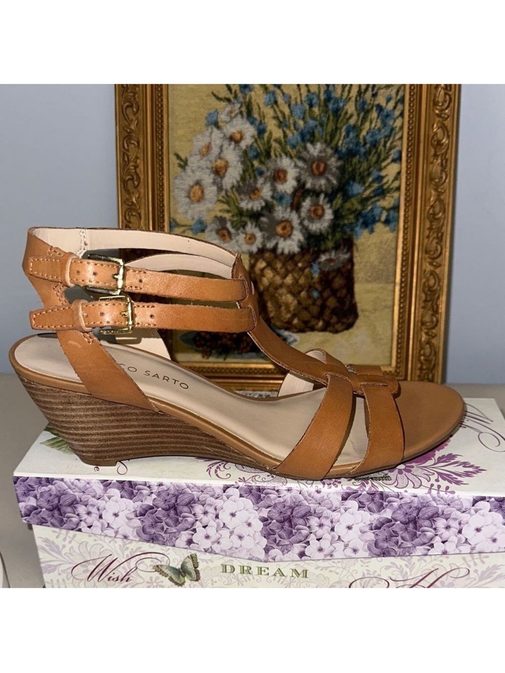 Franco Sarto 8.5 Wanya Tan Leather Double Buckle Straps open-toe wedge sandal
